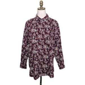 Krazy Kat Corduroy Shirt Women's Size 18/20 Maroon Floral Button Up Long Sleeve